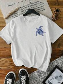 Áo thun nữ size lớn phong cách thường ngày in rùa biển màu xanh tay ngắn, áo blouse cổ tròn thoải mái, trang phục thời trang xuân/hè màu trắng - trắng - Xem 3