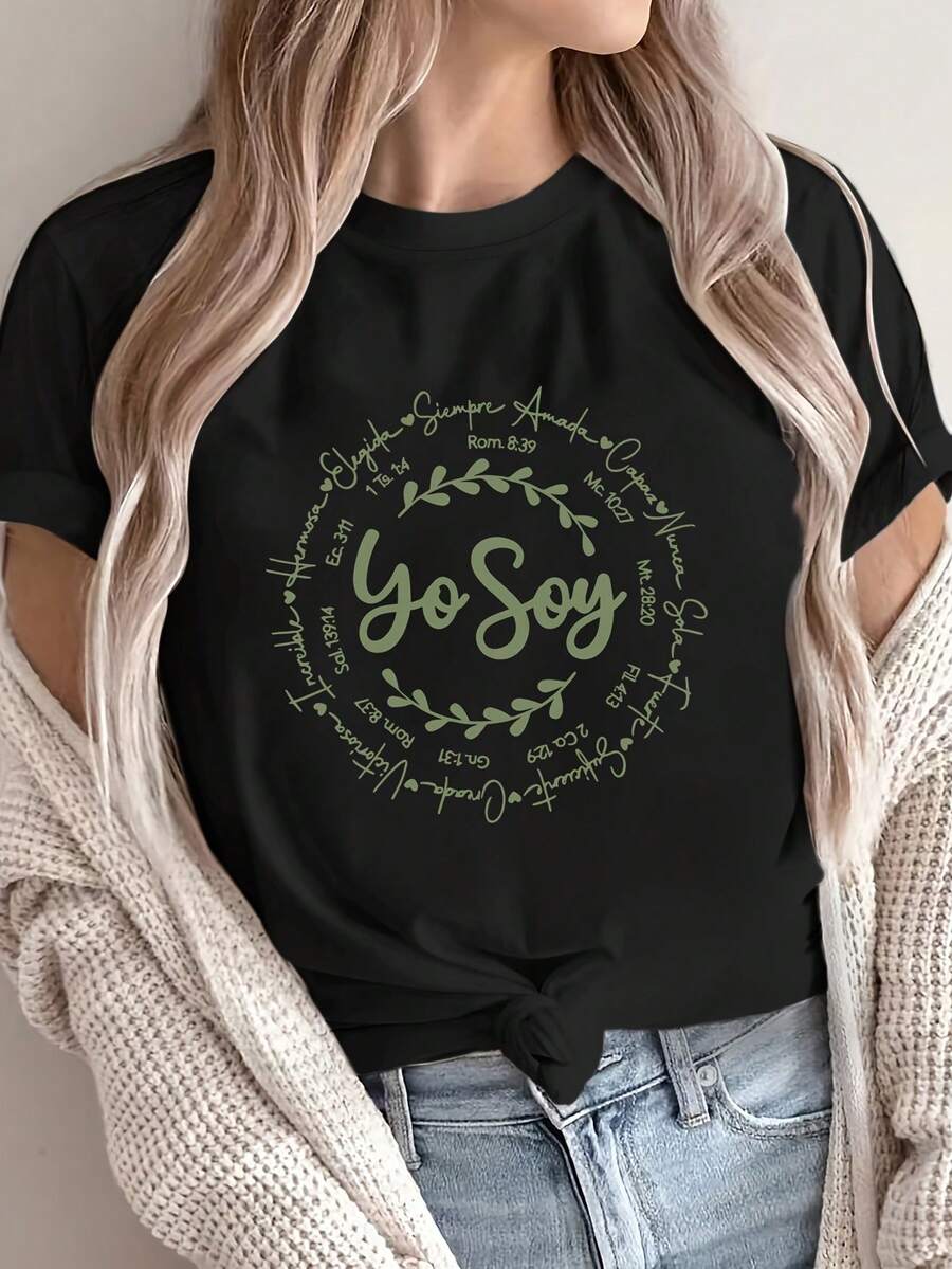 Popular Short-Sleeved Summer T-Shirt With A Round Neck And Heart-Shaped Design, Versatile For Creating Your Own Style. Elegant Party Outfit, Stylish Ladies' T-Shirt, Blouse Suitable For Curvy Women, Prom Skirts, Casual Wear. Adorable Animal Print, Fun Letter Print. - 黑色 - 查看 1
