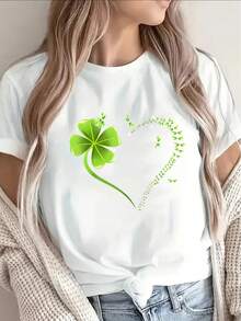 Lightweight And Durable Short-Sleeved T-Shirt With A Heart And Four-Leaf Clover Design, Perfect For Lounging At Home, Restaurants, Or Outdoor Activities. Elegant Party Outfit, Stylish Ladies' T-Shirt, Blouse Suitable For Curvy Women, Prom Skirts, Casual Wear. Adorable Animal Print, Fun Letter Print. - 白色 - 查看 7