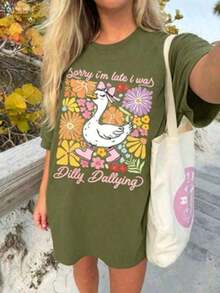 Women's Short-Sleeved T-Shirt, 100% Cotton. Sorry I'm Late, I Was Wasting Time. Casual Short-Sleeved T-Shirt With A Round Neck And Goose Print For Moms, Loose Fit, Bohemian Style. Casual Short-Sleeved T-Shirt With A Floral Print, Spring/Summer Style. 100% Cotton - 綠色的 - 查看 4