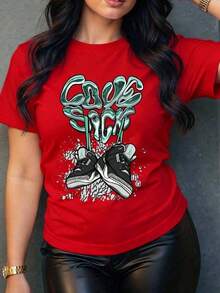 Women's Graphic Tees: Women's T-Shirt With An Urban Graphic Print, A Modern And Artistic Design Inspired By Sneakers, Ideal For A Casual And Comfortable Style With An Original Touch. Perfect For Everyday Wear And To Combine With Your Favorite Jeans, Soft To The Touch And High Quality. 100% Cotton. - 紅色 - 查看 6