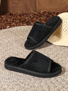 Autumn/Winter Soft Bottom Comfortable Retro Plush Open Toe Slip-On House Slippers, Suitable For Indoor And Outdoor Wear - Black - View 6