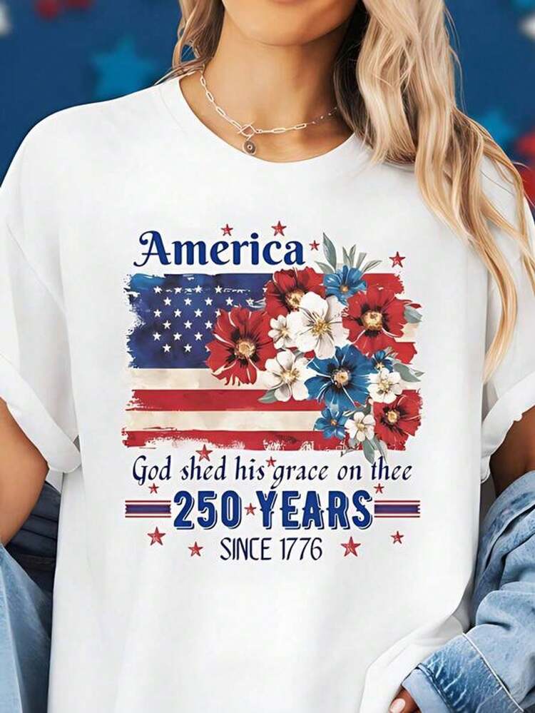 Plus Size T-Shirt With Floral Graphic Print Of The United States Flag 250 Years, Round Neck, Short Sleeve, Fashionable Casual T-Shirt, Comfortable Fit, Machine Washable For Spring And Summer, Women's Clothing. - White - View 8