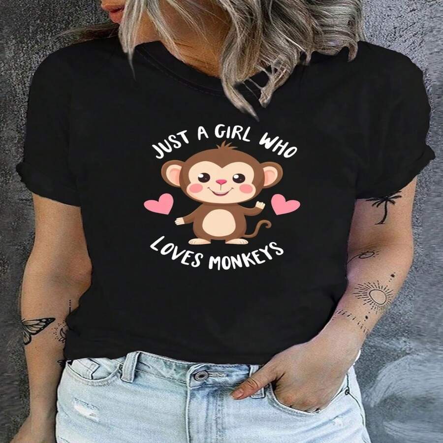 Just a Who Loves Monkeys Letter Print Wo'S T-Shirt, Short Sve Crew Neck Casual Top for Summer & Spring, Wo'S Clothing - Negro - Ver 1