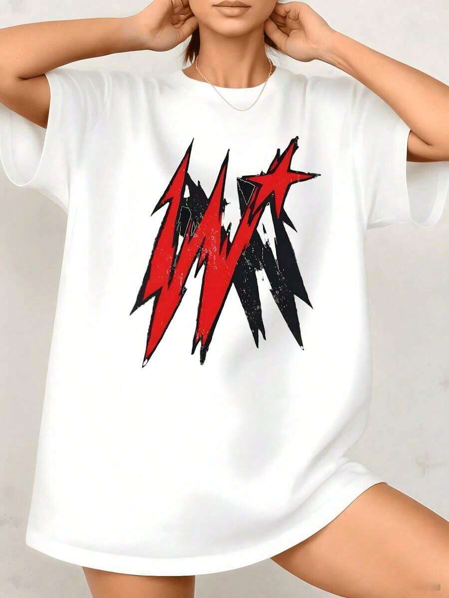 Camiseta de Mujer con Estampado Gráfico de Rayo, Bordes Nítidos Abstractos, 100% Algodón, Cuello Redondo, Estilo Oversize, 1 Pieza. Son Excelentes Regalos para Amigos y Familiares. - Blanco - Ver 1