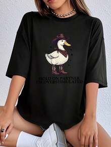 T-Shirt With Cowboy Duck Print, Hat And Boots, Casual Design, Loose Fit, Round Neck, Short Sleeve, For Women, Fun And Humorous T-Shirt, 180g Cotton Blend, Comfortable For Everyday Wear, Perfect For Casual Outings Or Parties. - 黑色 - 查看 5