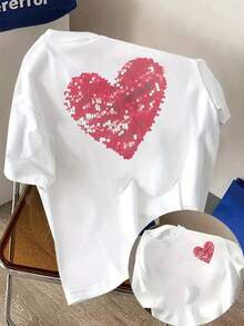 Heart And Glitter Print T-Shirt, Short Sleeves, Round Neck, Casual Top For Spring And Summer, Women's Clothing - High Quality - 白色 - 查看 1