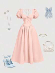 MOD Vestido elegante de longitud media con mangas cortas de pétalos y lazo delantero de unicolor para mujer - Gris - Ver 4