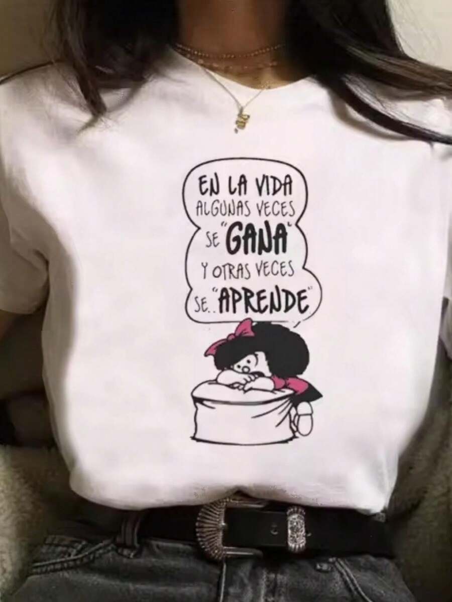 Women's Oversized T-Shirt With White Cartoon Print - Short Sleeve, Round Neck, Casual Top With Medium Elasticity, Machine Washable And Comfortable For All Seasons, Casual Elegant Style, Ladies' T-Shirts, Fun Design, Comfortable Fit - 白色 - 查看 1