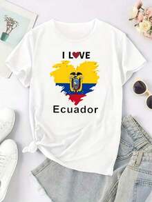CHICLY19 Camiseta de Algodón con Estampado de la Bandera de Ecuador, Camiseta Ajustada de Manga Corta y Cuello Redondo para Mujer, Estampado de Bandera de Corazón de Ecuador, Top Ajustado Patriótico con Orgullo Ecuatoriano, Camiseta de Algodón Blanca de Estilo Casual para Uso Diario, Transpirable y Cómoda. - Blanco - Ver 3