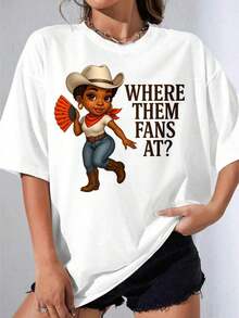 GiftGirl's White Denim Style T-Shirt, With Cartoon Cowgirl Design With Fan And Text 'Where Are The Fans', For Women's Casual Wear, Summer Outfit, Urban Fashion, Outdoor Party, Casual Printed T-Shirt, Soft. - 白色 - 查看 2