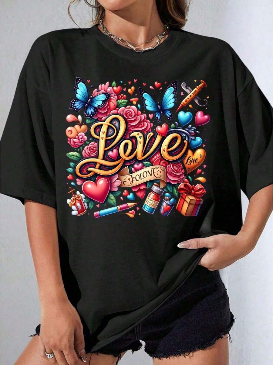GiftGirl's White Oversized T-Shirt With Tattoo Style Print Of Love, Flowers, Butterflies And Hearts For Casual Dates, Valentine's Day, Outdoor Parties, Soft Printed Casual T-Shirt - 黑色 - 查看 1