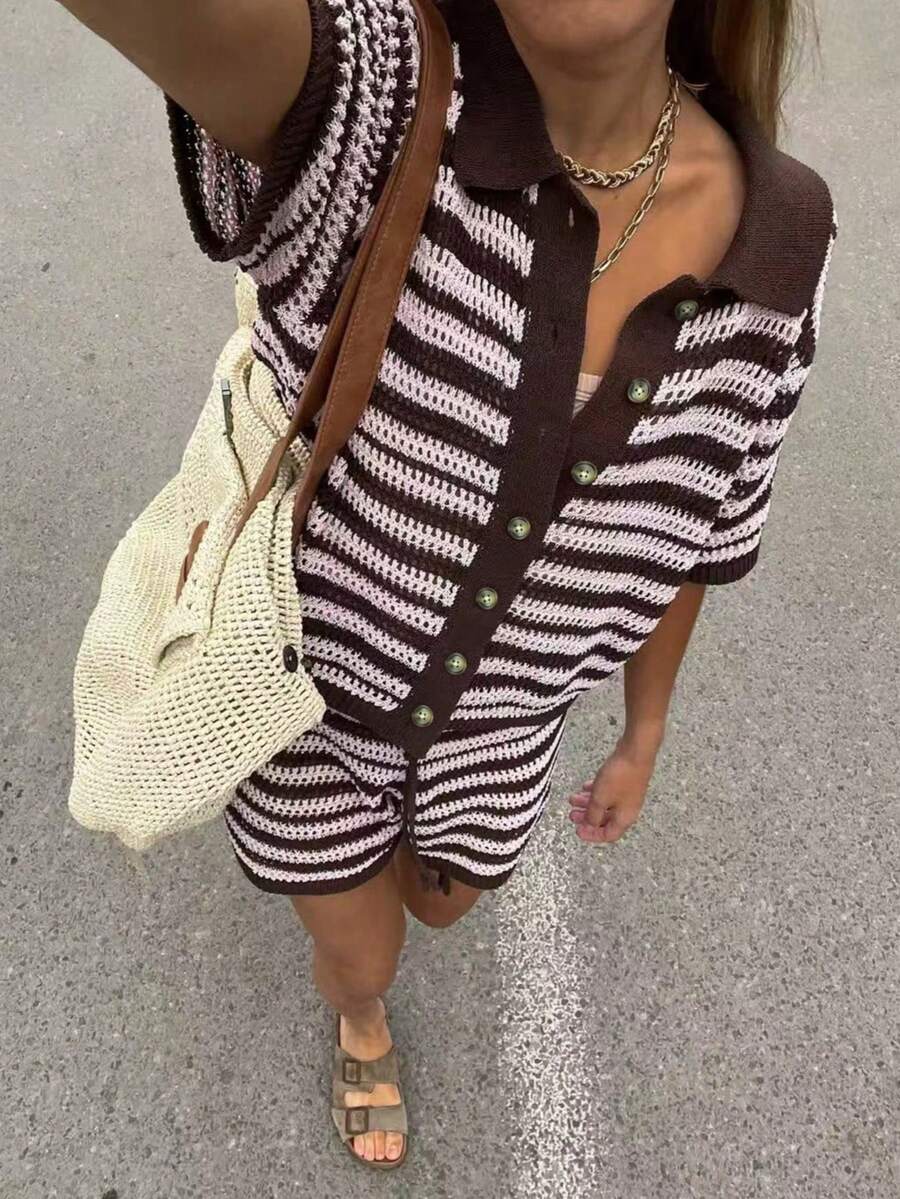 女款夏季兩件套,海灘度假條紋短袖開襟衫與針織短褲,棕色 - 棕色 - 查看 1