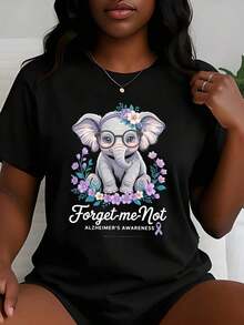 Women's Printed T-Shirt With Elephant, Flowers, And Glasses Design, And "Forget Me Not" Motif For Alzheimer's Awareness, Short Sleeve, Round Neck, Casual Style For Spring/Summer, Gift For Loved Ones Supporting Memory Care, Cotton Fabric, Casual T-Shirt, Machine Washable, Women's Clothing, Women's T-Shirts - 白色 - 查看 7