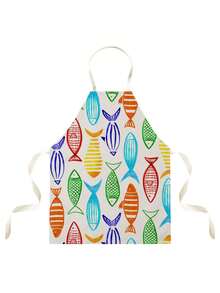 1 pieza Delantal con estampado de pez de acuarela de dibujos animados impreso por un solo lado, delantal unisex de cocina con lazo en el cuello, delantal protector de cocina para decoración del hogar - Multicolor - Ver 5