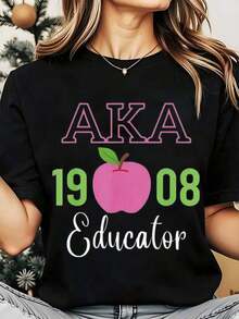 Soft, Breathable, And Lightweight For All-Day Comfort. Women's Crew Neck T-Shirt, Model Aka 1908, With An Educational Apple Print, A Great Gift For Teachers, Ideal For Back To School, 220g. Classic Crew Neck With A Relaxed Fit That Flatters All Body Types And Is Easy To Pair With Jeans, Shorts, And Leggings. - 黑色 - 查看 12