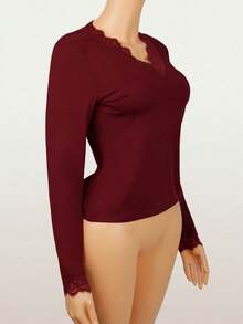 Autumn Gothic Women Clothes Black Tops Casual Fall Outfits Women Black Lace Long Sleeeve Tops Going Out Outfit - Burgundy - View 4