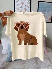 Camiseta de manga corta 100% algodón con estampado de corazón de dachshund, tops casuales para mujer, para vacaciones de verano. |   Diseño exquisito |   Suelto y cómodo |   Fácil de combinar | - Albaricoque - Ver 3