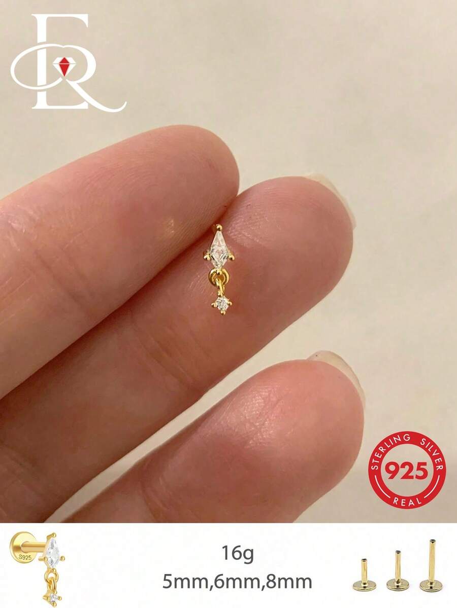 EleRunis 1只925纯银菱形扁平耳骨耳环，尺寸可选5/6/8毫米，适合女性日常佩戴、婚礼、派对、订婚、周年纪念、情人节等场合。
