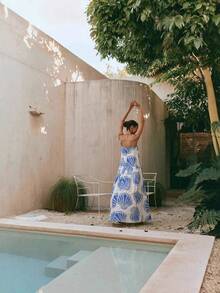New Loose Linen Dress Beach And Vacation Style - Blue - View 4