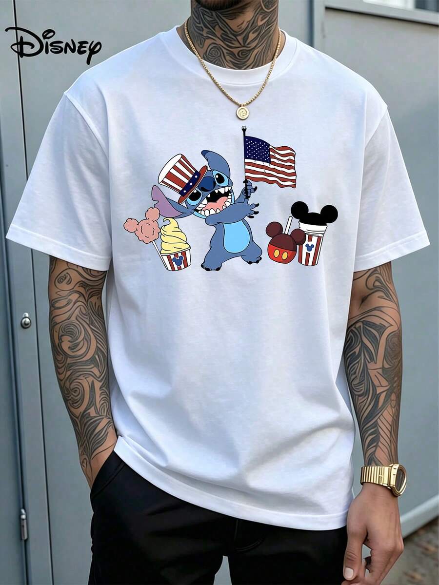 Disney Lilo & Stitch 4th Of July Themed Graphic PrintOfficially Licensed Disney Logo, Casual Style Graphic Print, Men's Short-Sleeved T-Shirt, Crew Neck Design, Comfortable And Casual Wear, Men's T-Shirt. - trắng - Xem 1