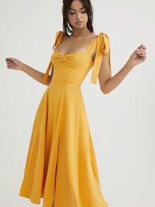 Plus Size French-Style Long Chiffon Holiday Dress, Spaghetti Straps, Open Back, Sensual Euro-American Fashion Design - Yellow - View 4