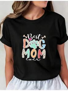 Camiseta Estampada para Mujer - Camiseta Casual de Manga Corta y Cuello Redondo en Negro con Texto Colorido y Brillante. Con un corte relajado para todas las estaciones, la elección perfecta tanto para el uso diario como para tus conjuntos de vacaciones (lavable aáquina). Combínalo con pantalones deportivos grises para un look cómodo y moderno. - Negro - Ver 6