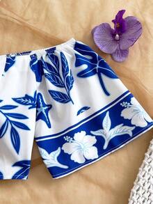 Conjunto de 2 piezas de blusa con hombros descubiertos y estampado floral de manga corta y falda pantalón de moda para mujer - Multicolor - Ver 3