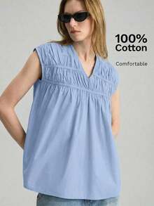 Ontre 2026SS Nueva Blusa para Mujer, Tejido Tejido, Estilo Urbano Elegante Casual, Moda Minimalista para Ir al Trabajo - Celeste - Ver 3