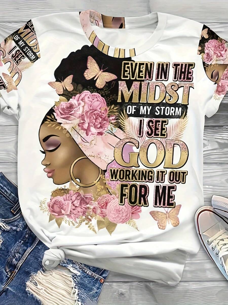 Plus Size - Plus Size, Women's Christian Faith-Inspired T-Shirt With Bible Verse "Even In The Midst Of My Storm I See God Working In My Favor" - Soft And Breathable Casual Short Sleeve Crew Neck Top, Inspirational Letter Print And Floral Design For Sp - 白色 - 查看 1