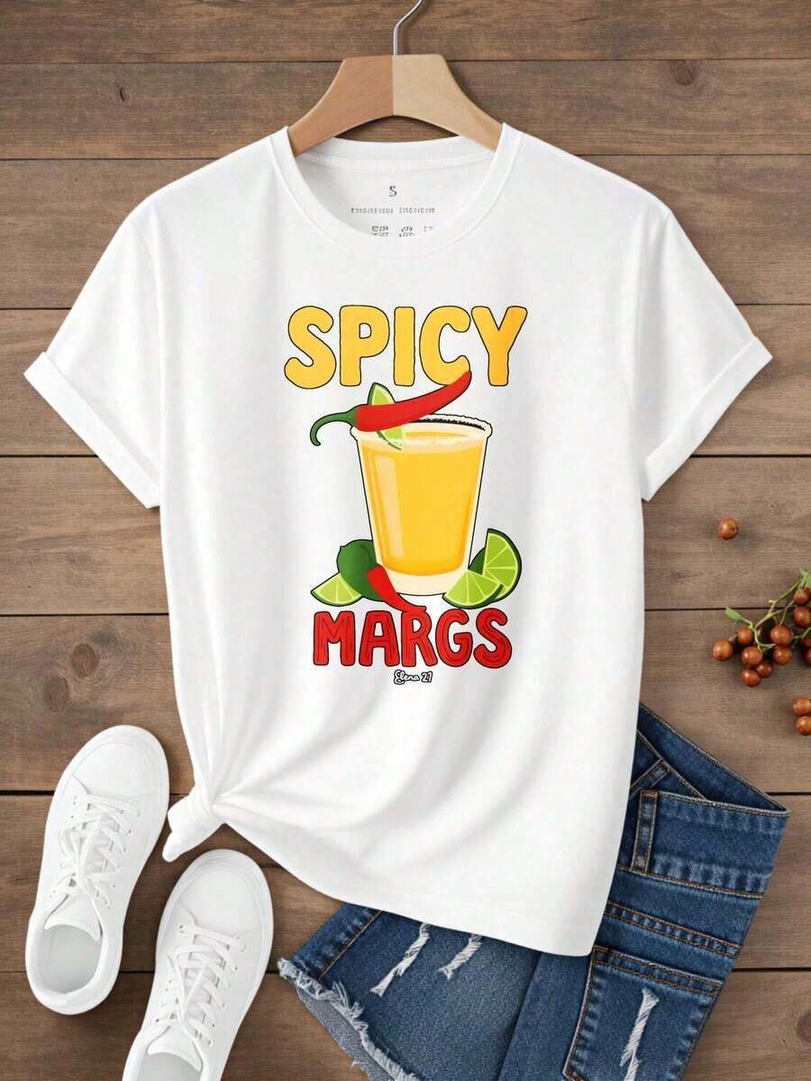 Camiseta de manga corta de cuello redondo para mujer, con estampado divertido, estilo casual de verano, diseño de cóctel de margarita picante con chile y lima, nuevo estilo de verano 2026, perfecta para fiestas en la playa y salidas en climas cálidos. Cuello redondo, tela suave y cómoda, 100% algodón. - Blanco - Ver 1