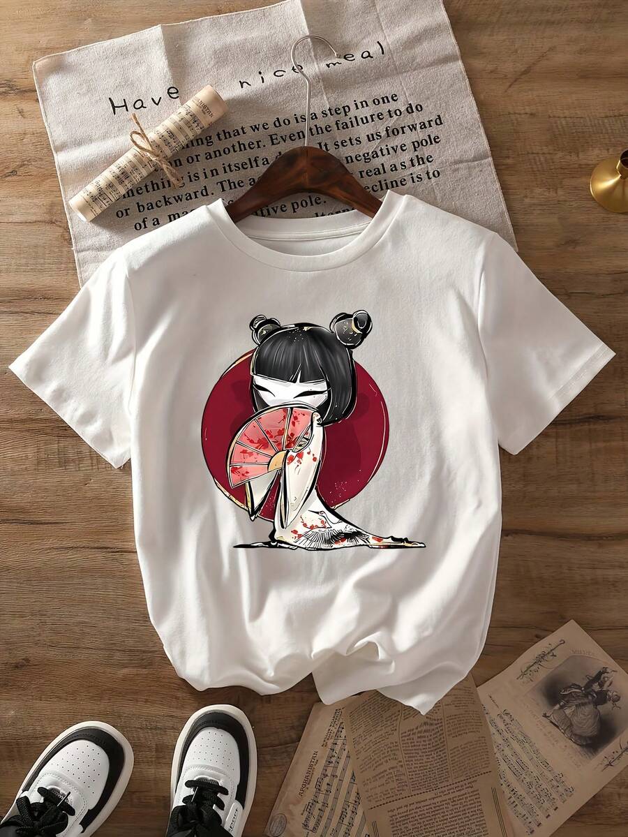 Camiseta de Mujer: Camiseta súper linda de estilo japonés con diseño de abanico plegable, de manga corta y cuello redondo, perfecta para uso casual en primavera y verano, exclusiva para mujeres. - Blanco - Ver 1