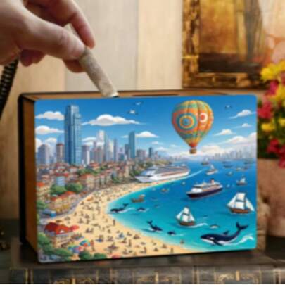 Handmade Wooden Artistic Coin Bank - Decorative Rectangular Coin Storage Box With Artistic Print Pattern, Suitable For Home Decor, Library Display, Halloween And Christmas Gifts, Small Trinket Storage