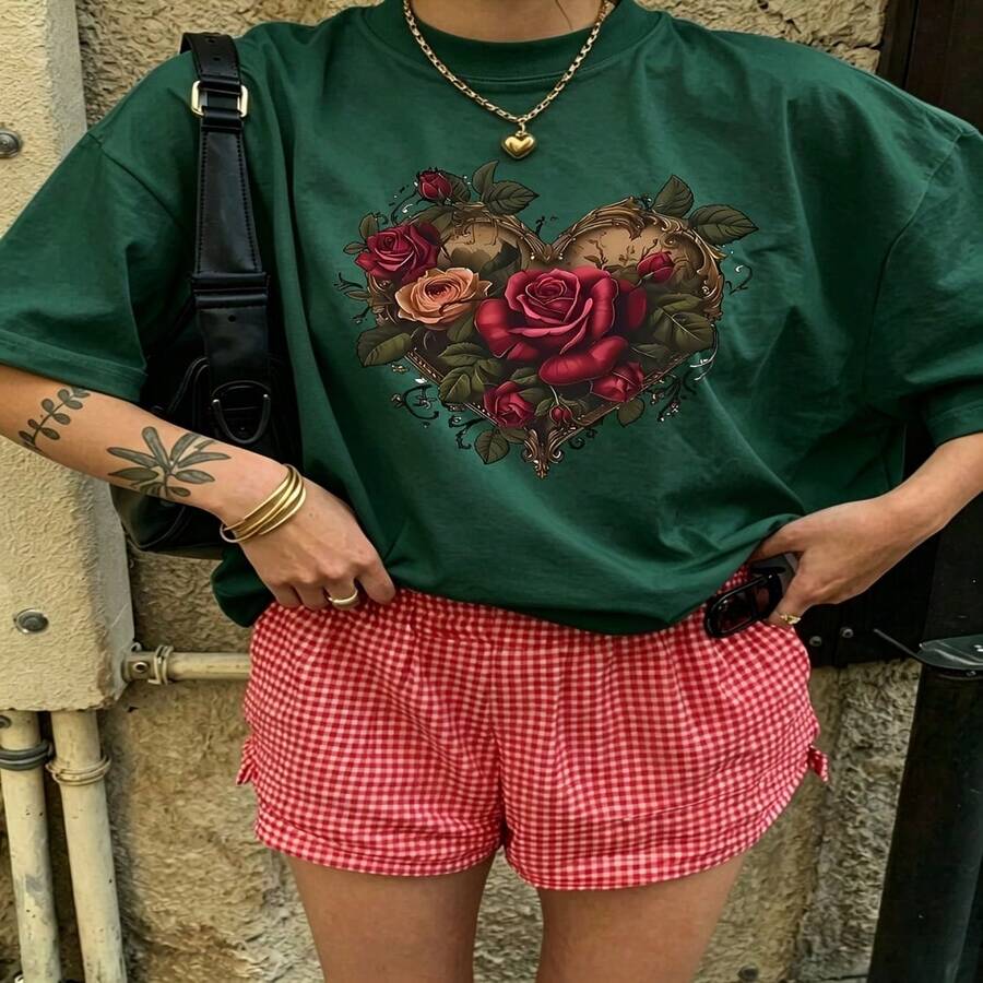 Heartfelt Daily Casual Graphic T-Shirt 100% Cotton Oversized Soft Breathable Casual Crewneck Short Sleeve Top Vintage Aesthetic Cute Retro Vibe For Casual Wearers Fashion Lovers Daily Outfit Enthusiasts Gift Givers - 綠色 - 查看 1