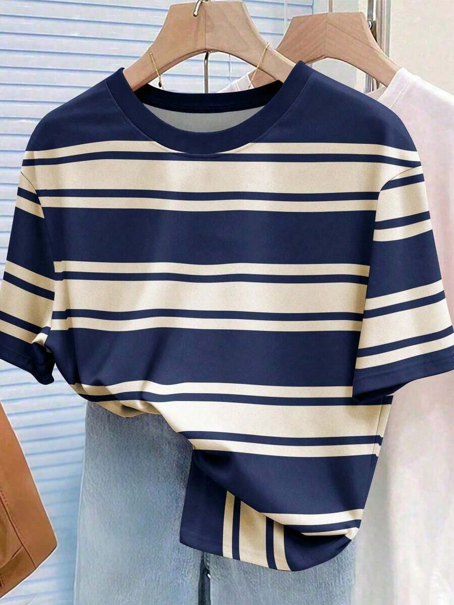 Camiseta de mujer de manga corta a rayas de colores vintage, top casual de cuello redondo para el verano - Multicolor 6 - Ver 1