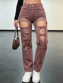 Pantalones vaqueros sin elasticidad para mujer de talle medio y pierna recta, con cortes y roturas desgastadas intensas, pantalones casuales urbanos - Marrón oscuro - Ver 4