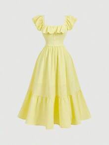 MOD Vestido maxi de mujer talla grande con cuello cuadrado elegante, mangas con volantes, falda con volantes y detalles de botones, vestido de verano amarillo para mujer - Amarillo - Ver 2