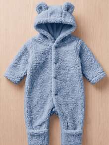 Fleece  With Ears, Winter, Cold Weather, Long Sleeves, Baby Boy, Baby Girl, Newborn To 12 Months, Hooded, Cute, Stylish, Comfortable, Warm - 藍色 - 查看 1