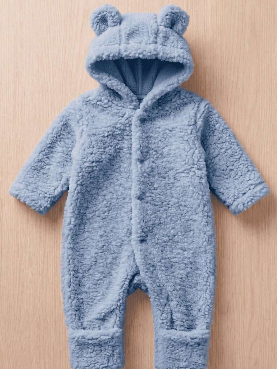 Fleece With Ears, Winter, Cold Weather, Long Sleeves, Baby Boy, Baby Girl, Newborn To 12 Months, Hooded, Cute, Stylish, Comfortable, Warm - 藍色 - 查看 1