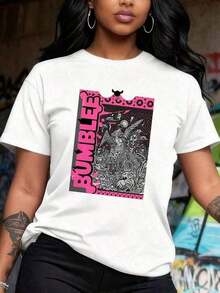 Ropa de Verano para Mujer: Blusa Elegante de Manga Corta con Estampado de Graffiti 'BUNGLE' y Patrones Abstractos Vibrantes en Rosa y Negro, Tela Cómoda y Suave, Diseño Divertido, Perfecta como Regalo para Ella. Ropa de Verano para Mujer: Blusa Elegante de Manga Corta, Holgada, Cómoda y Transpirable para Uso Diario. Transpirable y cómoda. - Blanco 2 - Ver 3