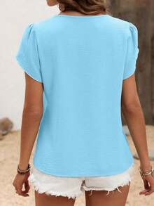 Blusa de unicolor casual con mangas con diseño de pétalos para vacaciones - Azul - Ver 2