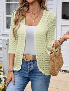 Chaqueta casual de mujer de unicolor con manga 3/4 y frente abierto, cárdigan de ganchillo para mujer, cárdigan de punto para mujer, cárdigan de verano para mujer, cárdigan delgado de punto para mujer, tops de punto para mujer en otoño/invierno - Verde - Ver 7