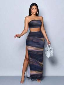 Vestido maxi elegante de fiesta con estampado de rayas abstractas y colores vibrantes, diseño ceñido y sexy, perfecto para salir, fiestas y vacaciones - Multicolor 6 - Ver 7