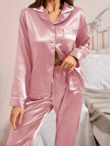 Moireta Conjunto de pijama de top de satén con cuello de solapa y botones con ribete de contraste y pantalones, detalles acogedores y elegantes, ropa de otoño e invierno - Rosa - Ver 3
