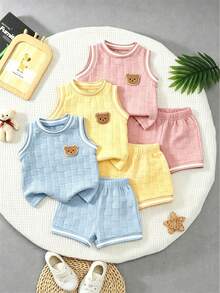 6 Stücke/Set Baby Jungen Sommer Textil Stoff Süßer Bären Muster Rundhals Weste und Shorts lässig Mode Outfit - Blau-Weiß - Übersicht 1