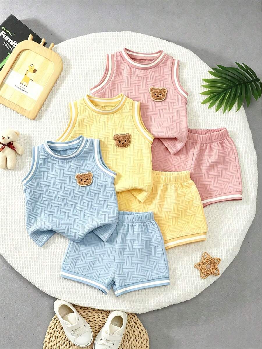 6 Stücke/Set Baby Jungen Sommer Textil Stoff Süßer Bären Muster Rundhals Weste und Shorts lässig Mode Outfit - Blau-Weiß - Übersicht 1
