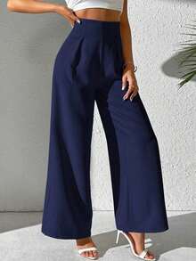Clasi Pantalones casuales de oficina sueltos con cintura alta, plisados y pernera ancha de unicolor para mujer - Azul marino - Ver 5