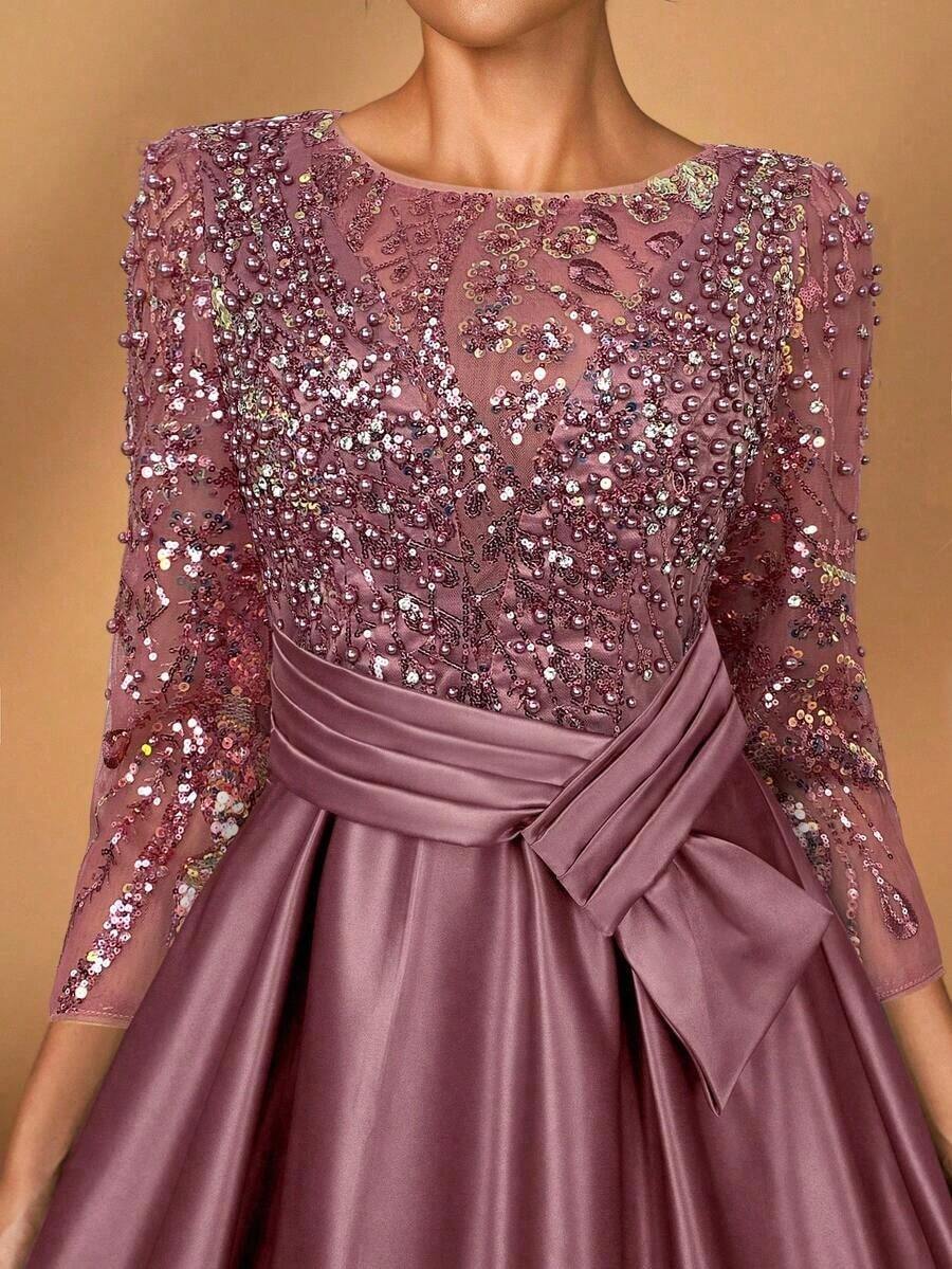 y lujoso vestido de manga larga transparente con bordado de encaje floral, con perlas y lazo con diamantes, con vuelo.Adecuado para boda, fiesta, vacaciones, baile de graduación, vestido de noche para novia, madre de la novia - Rosa vieja - Ver 1