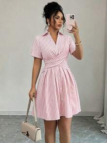 Women's Summer Shirt Dress, V-Neck, Raglan Sleeves, Crossover Waist Tie, Pink Stripes - 紅色 - 查看 1