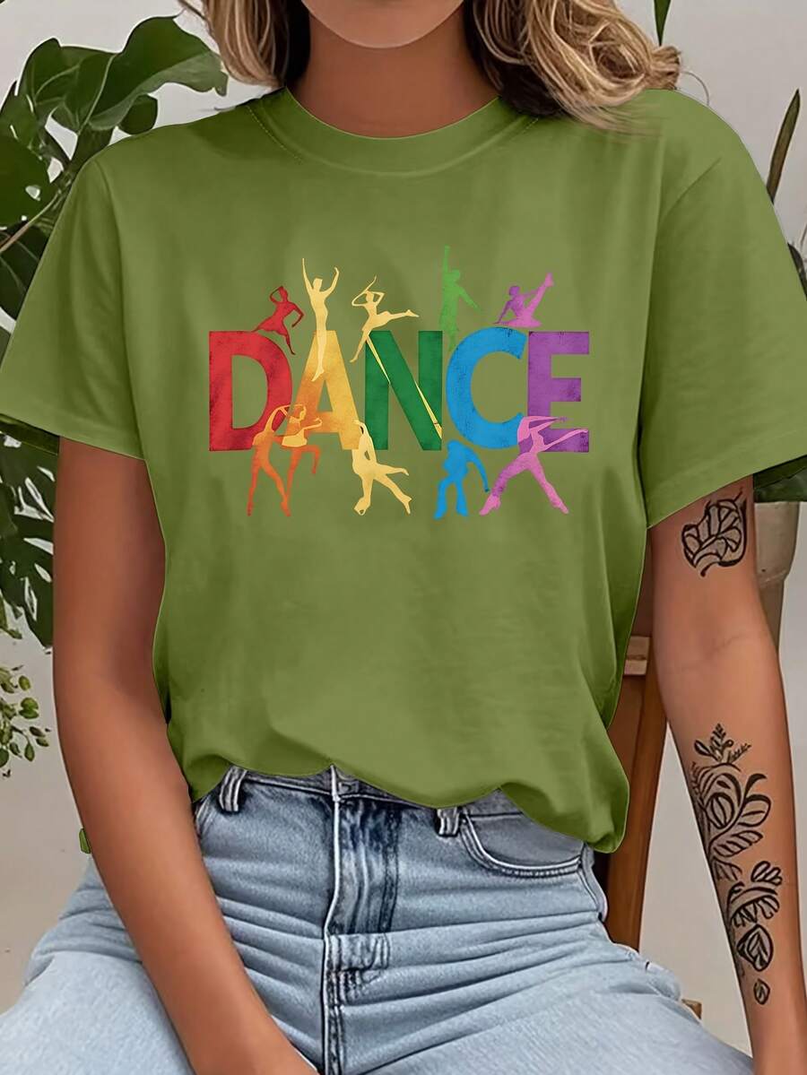 Women's Casual Short Sleeve T-Shirt 2026 - "DANCE" Letter Print, Crew Neck, Machine Washable, Casual Spring/Summer Vacation Wear, Easy-To-Wear Top, Fun Print T-Shirt, And Fashionable, Durable Printed T-Shirt NBWH - 軍綠色 - 查看 1